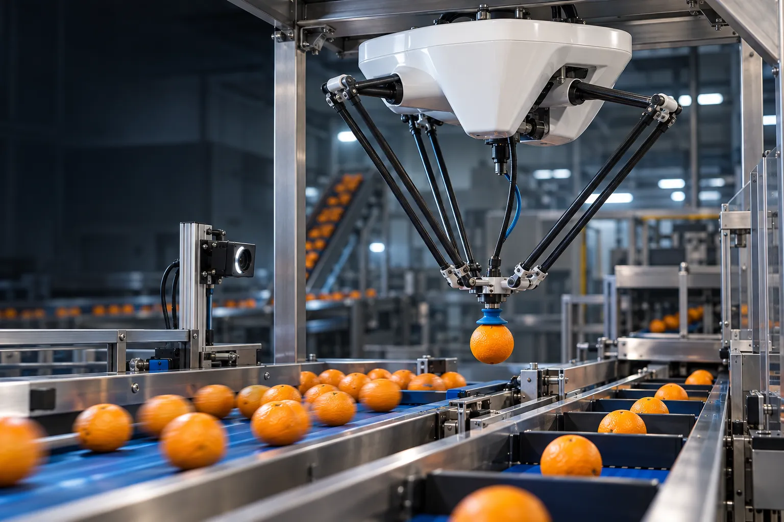 Illustration of a delta robot using a vacuum gripper to pick an orange from a moving sorting line