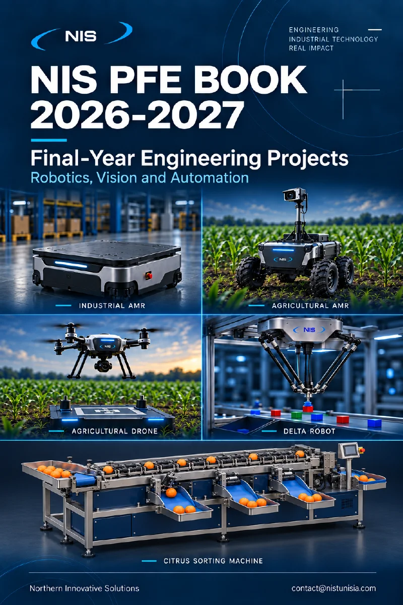 Cover of the NIS PFE Book 2026–2027, featuring an industrial mobile robot, an agricultural mobile robot, an agricultural drone, a delta sorting robot, and a citrus sorting machine