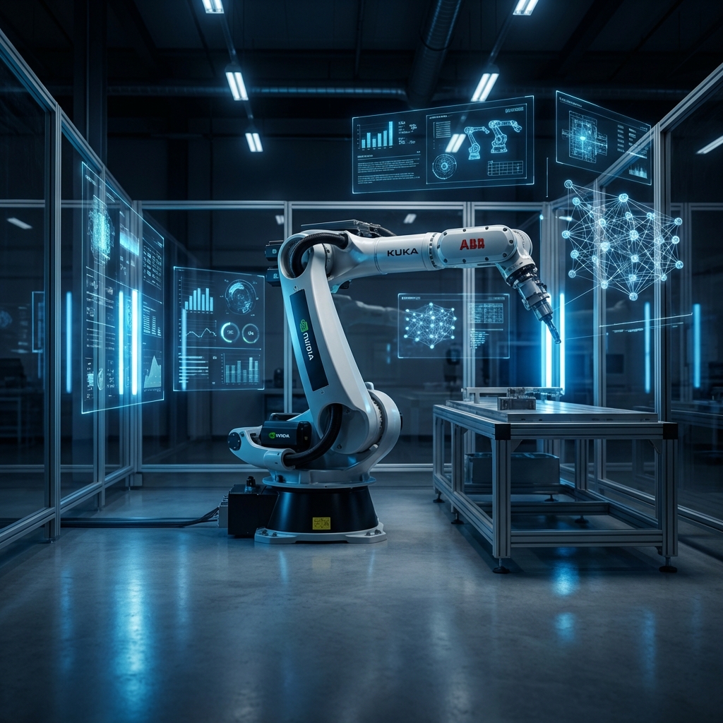 6-axis robotic arm with digital holographic overlays in futuristic R&D lab